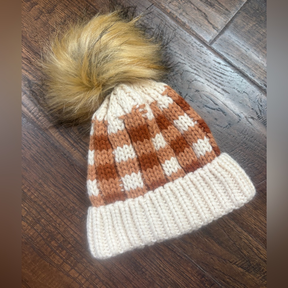 Mud Pie Cream and Brown Checkered Pom-Pom Hat